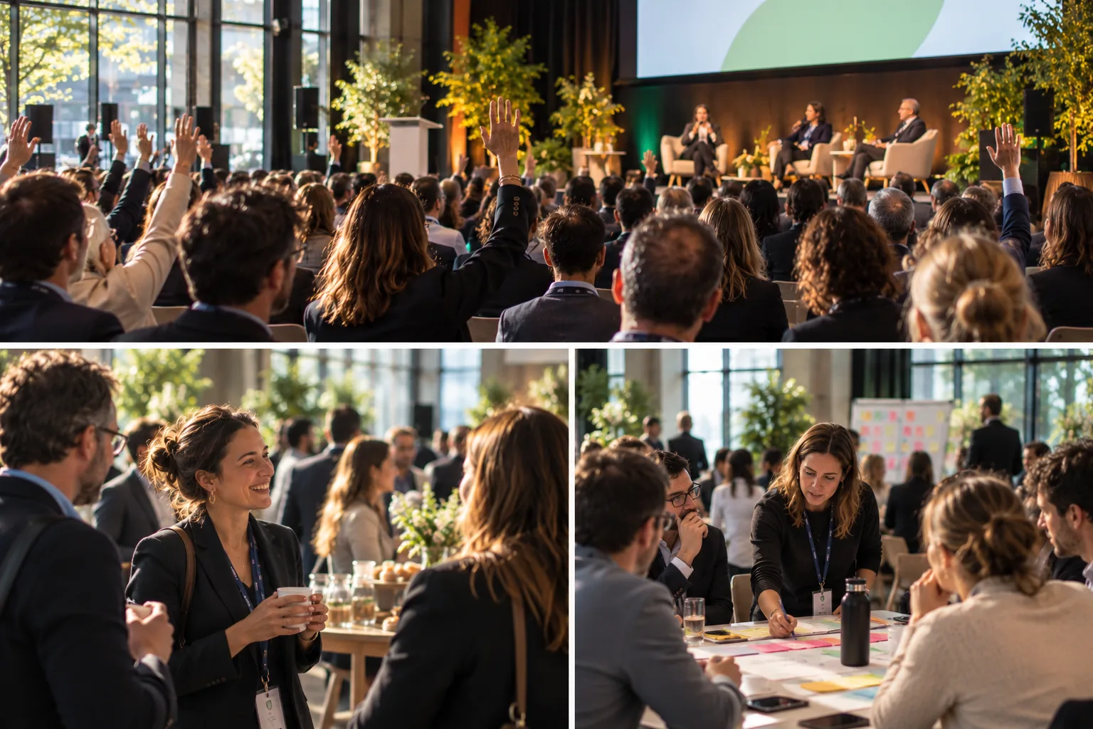 Collage of a corporate event: audience raising hands during a panel discussion, conversations over coffee, collaborative workshop