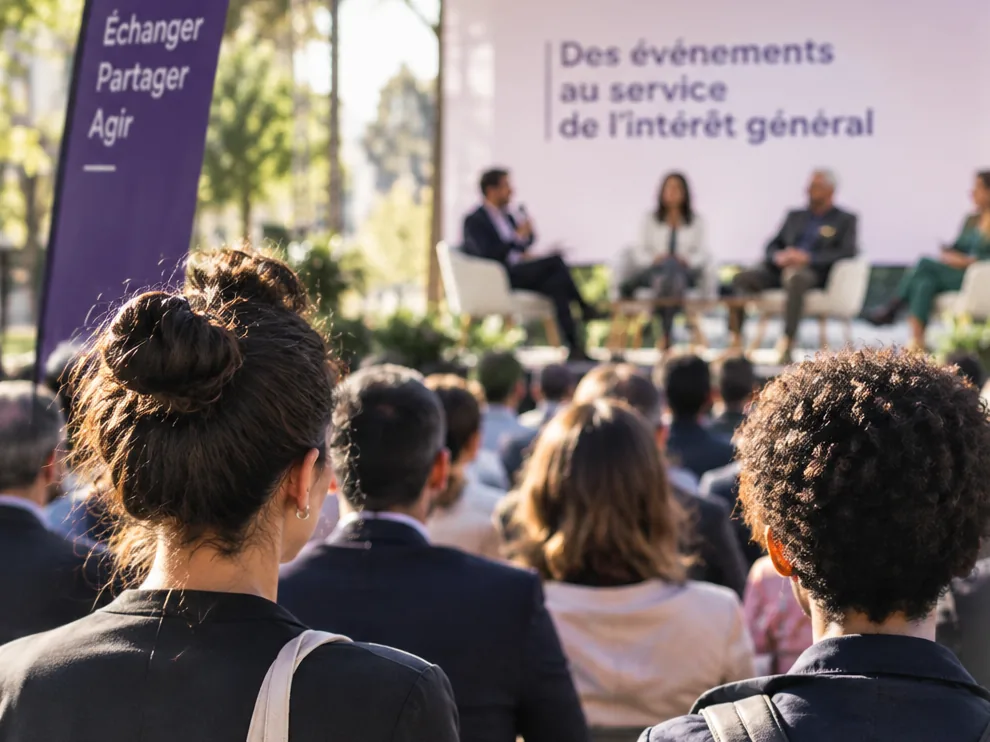 Open-air panel discussion in front of a seated audience, seen from behind, under a banner reading “Exchange, share, act”