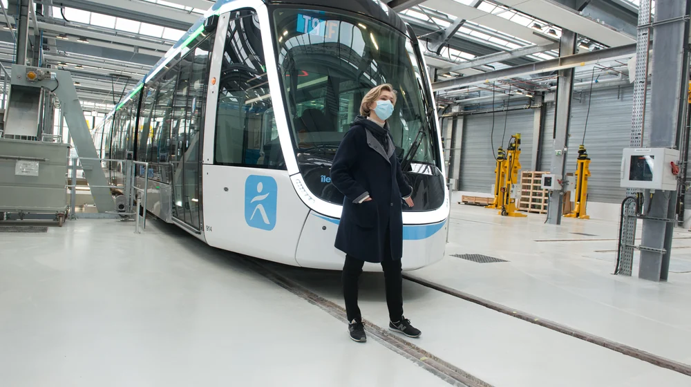 A tram inside the workshop of the maintenance depot